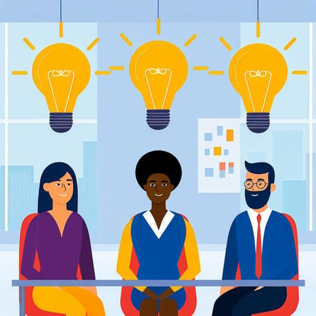 three people sitting in an office setting with lightbulbs above their head representing them sharing their ideas and communicating with each other